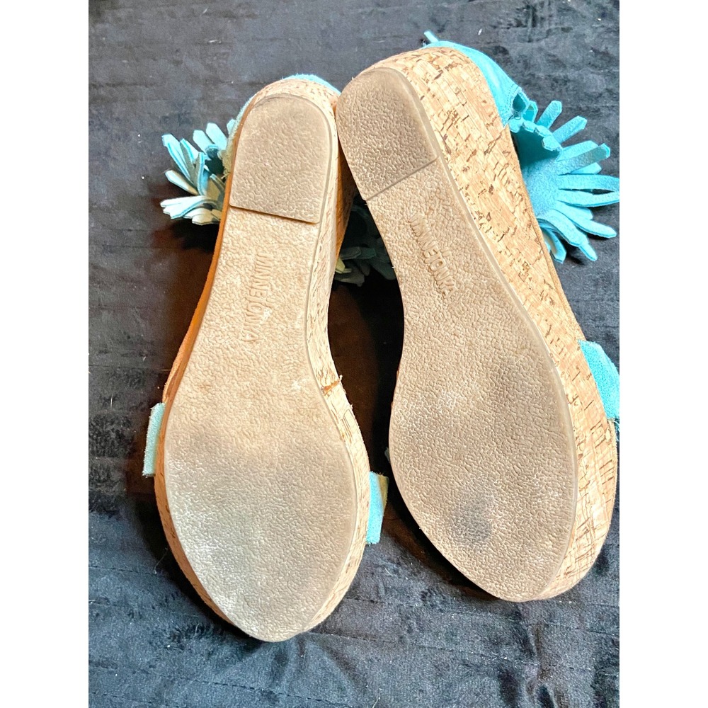 Minnetonka Aqua Blue Suede Fringe Boho Cork Wedge Sandals 71305 Sz 7 - Picture 6 of 6